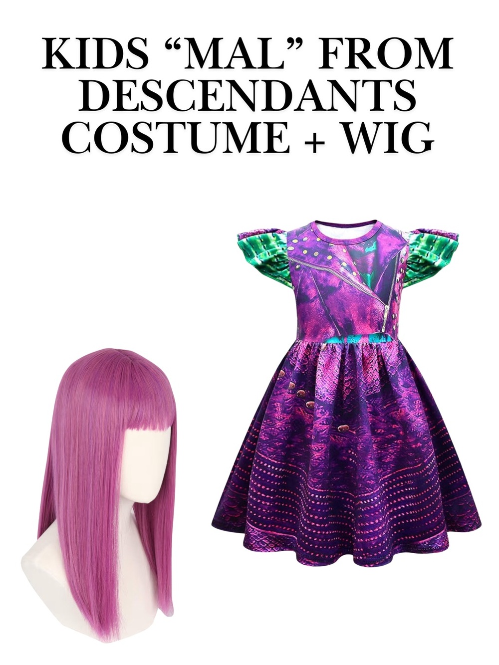 Kids Mal Descendants Purple Costume Cosplay Dress with Pink Wig